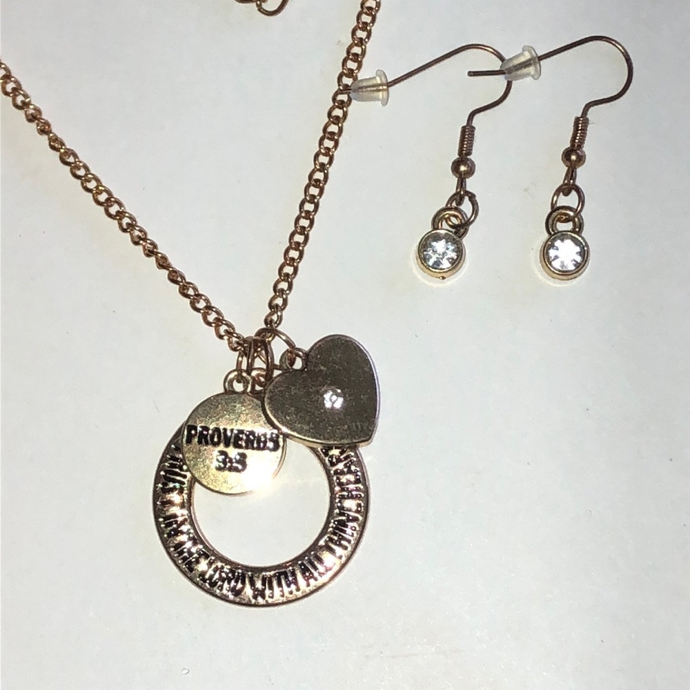 Proverbs 3:5 Gold Tone Pendant Necklace with Heart Charm and Crystal Earrings